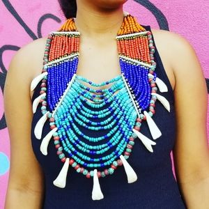 Multi Colored Statement Necklace w/ Bone Separators & Yak Teeth - Only 1 Avail